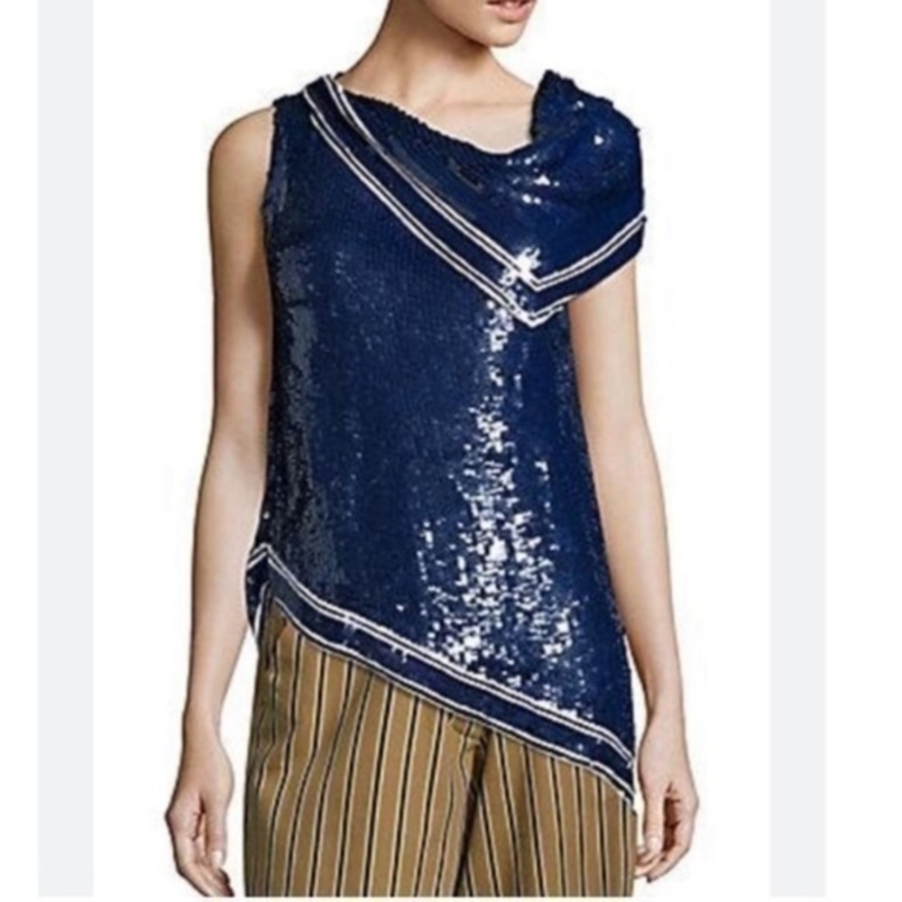 ✅ MONSE Blouse One-Shoulder Sleeveless Fold Over in Sequin Blue